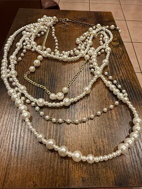 Layered White Pearl Statement Necklace with Gold Chain
